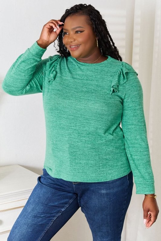 Double Take Ruffle Shoulder Long Sleeve T-Shirt - ShalayeFashion