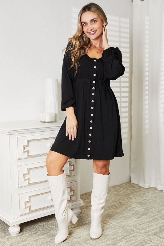 Double Take Scoop Neck Empire Waist Long Sleeve Magic Dress - ShalayeFashion