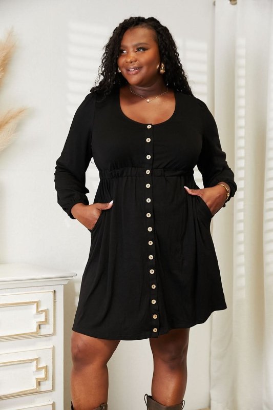Double Take Scoop Neck Empire Waist Long Sleeve Magic Dress - ShalayeFashion