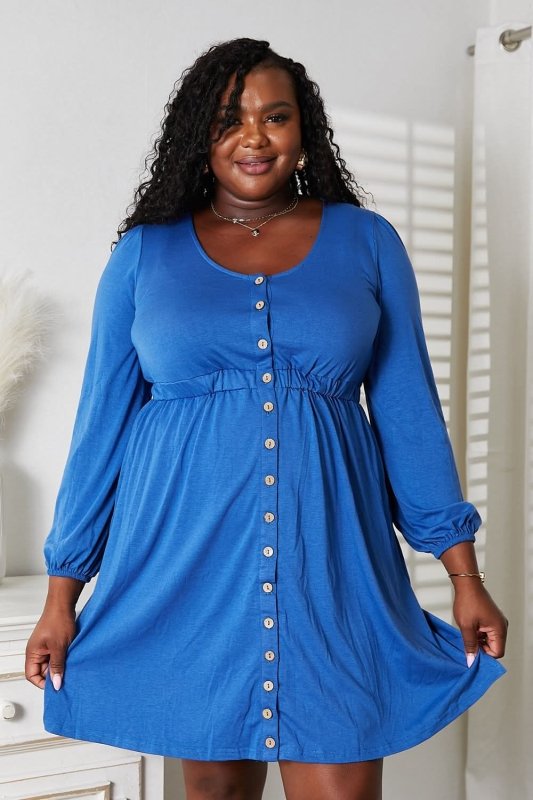 Double Take Scoop Neck Empire Waist Long Sleeve Magic Dress - ShalayeFashion