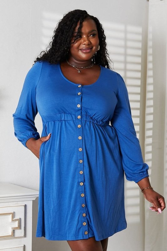 Double Take Scoop Neck Empire Waist Long Sleeve Magic Dress - ShalayeFashion
