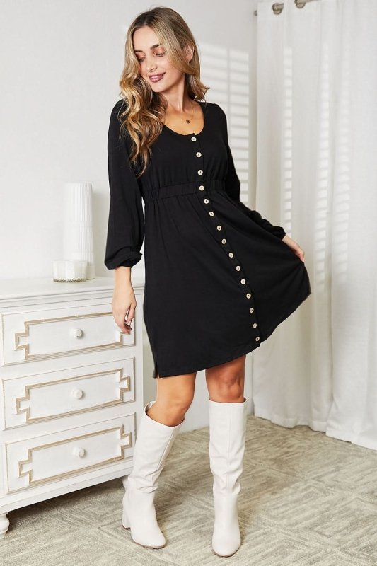 Double Take Scoop Neck Empire Waist Long Sleeve Magic Dress - ShalayeFashion