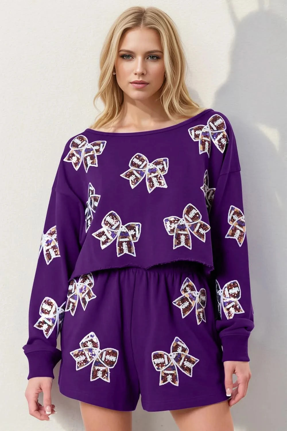 Double Take Sequin Bow Cropped Top and Shorts Set - ShalayeFashion