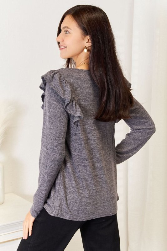 Double Take Square Neck Ruffle Shoulder Long Sleeve T-Shirt - ShalayeFashion