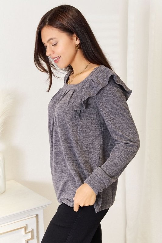 Double Take Square Neck Ruffle Shoulder Long Sleeve T-Shirt - ShalayeFashion