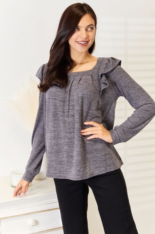 Double Take Square Neck Ruffle Shoulder Long Sleeve T-Shirt - ShalayeFashion
