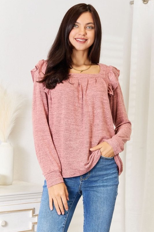 Double Take Square Neck Ruffle Shoulder Long Sleeve T-Shirt - ShalayeFashion