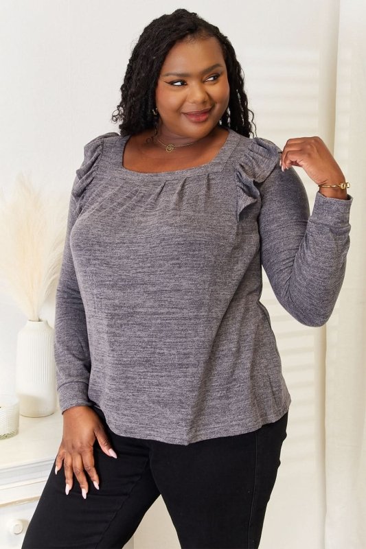 Double Take Square Neck Ruffle Shoulder Long Sleeve T-Shirt - ShalayeFashion