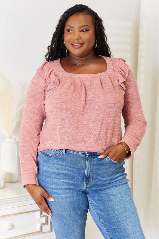 Double Take Square Neck Ruffle Shoulder Long Sleeve T-Shirt - ShalayeFashion