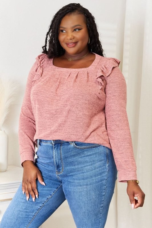 Double Take Square Neck Ruffle Shoulder Long Sleeve T-Shirt - ShalayeFashion