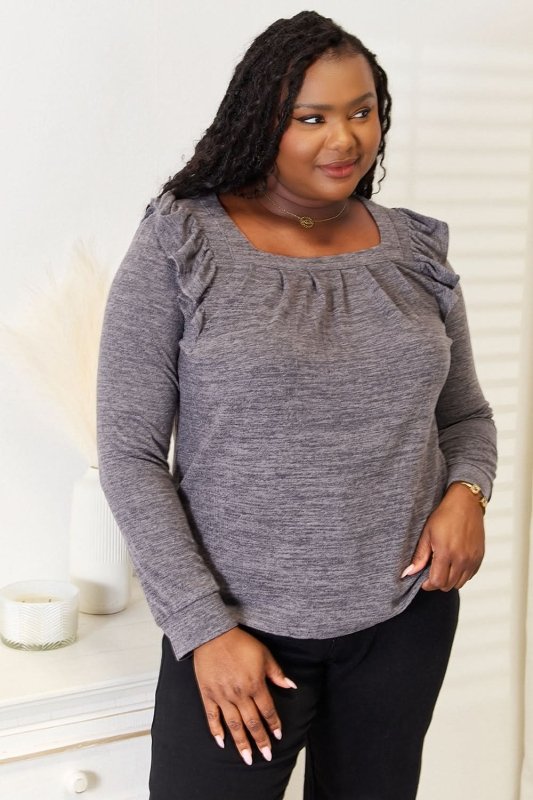 Double Take Square Neck Ruffle Shoulder Long Sleeve T-Shirt - ShalayeFashion