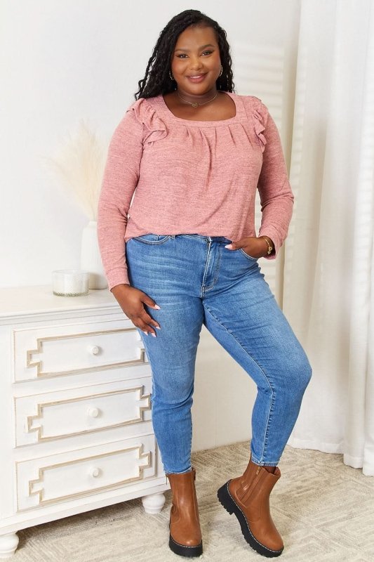 Double Take Square Neck Ruffle Shoulder Long Sleeve T-Shirt - ShalayeFashion