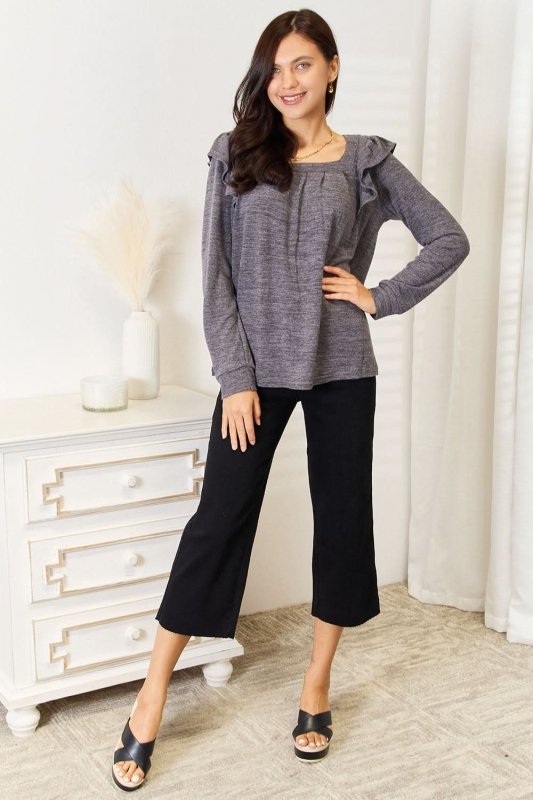 Double Take Square Neck Ruffle Shoulder Long Sleeve T-Shirt - ShalayeFashion