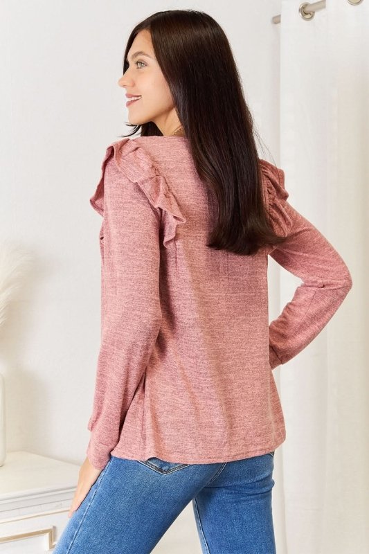 Double Take Square Neck Ruffle Shoulder Long Sleeve T-Shirt - ShalayeFashion