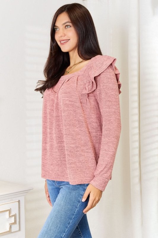 Double Take Square Neck Ruffle Shoulder Long Sleeve T-Shirt - ShalayeFashion