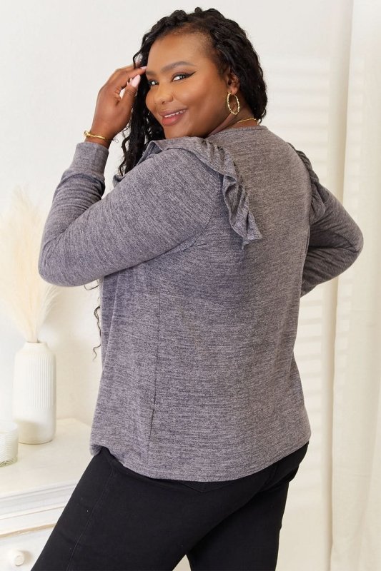 Double Take Square Neck Ruffle Shoulder Long Sleeve T-Shirt - ShalayeFashion