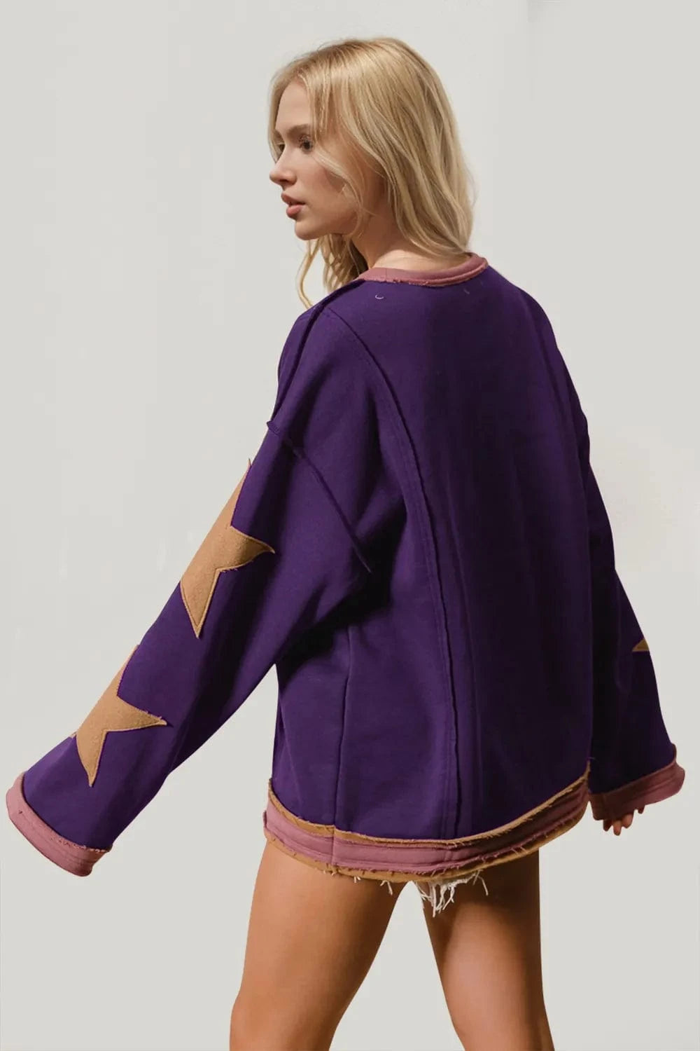 Double Take Star Patched Long Sleeve Sweatshirt - ShalayeFashion