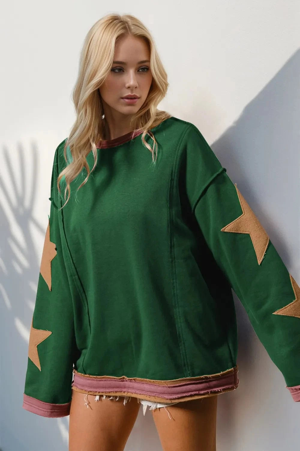 Double Take Star Patched Long Sleeve Sweatshirt - ShalayeFashion