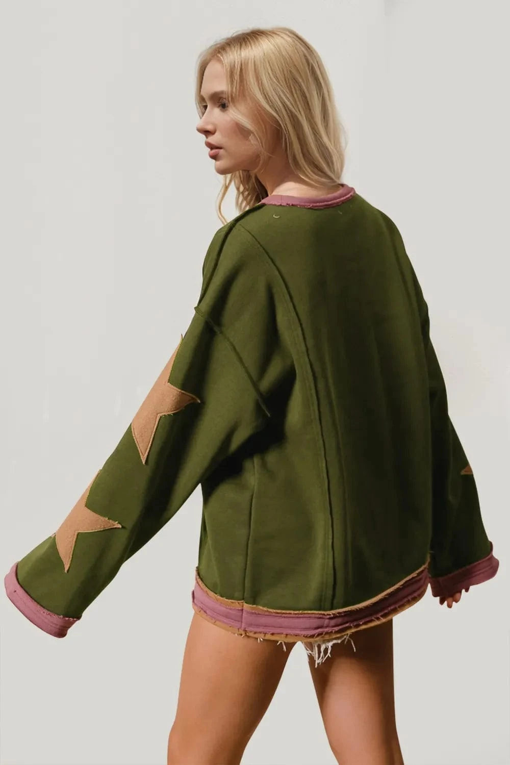 Double Take Star Patched Long Sleeve Sweatshirt - ShalayeFashion