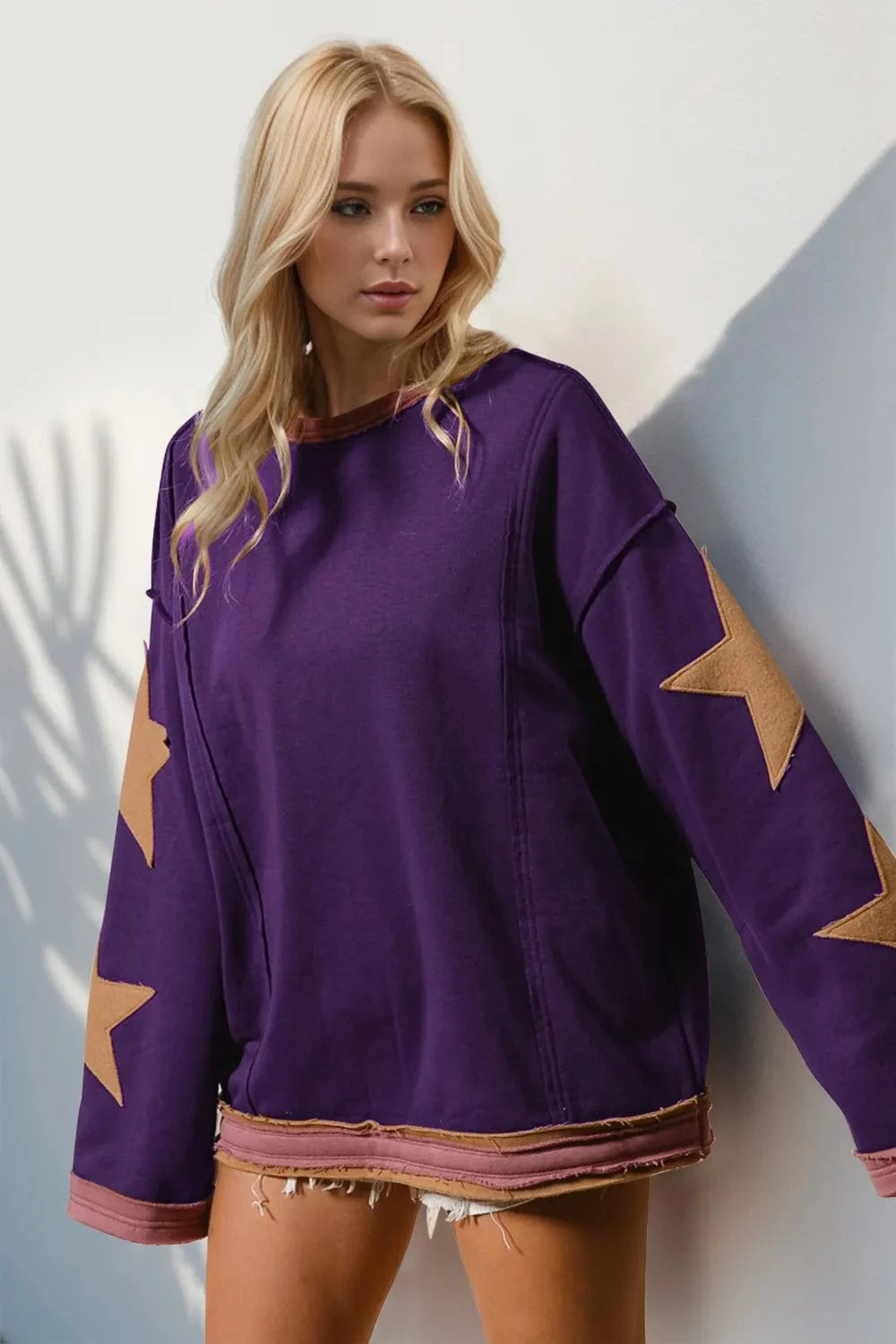 Double Take Star Patched Long Sleeve Sweatshirt - ShalayeFashion