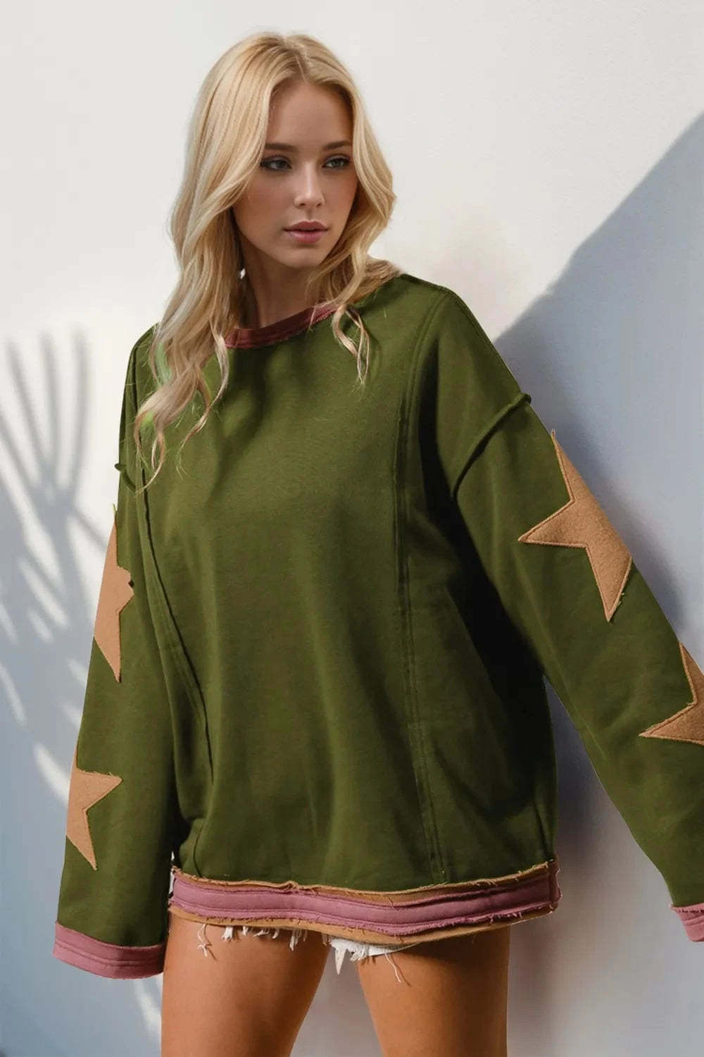Double Take Star Patched Long Sleeve Sweatshirt - ShalayeFashion