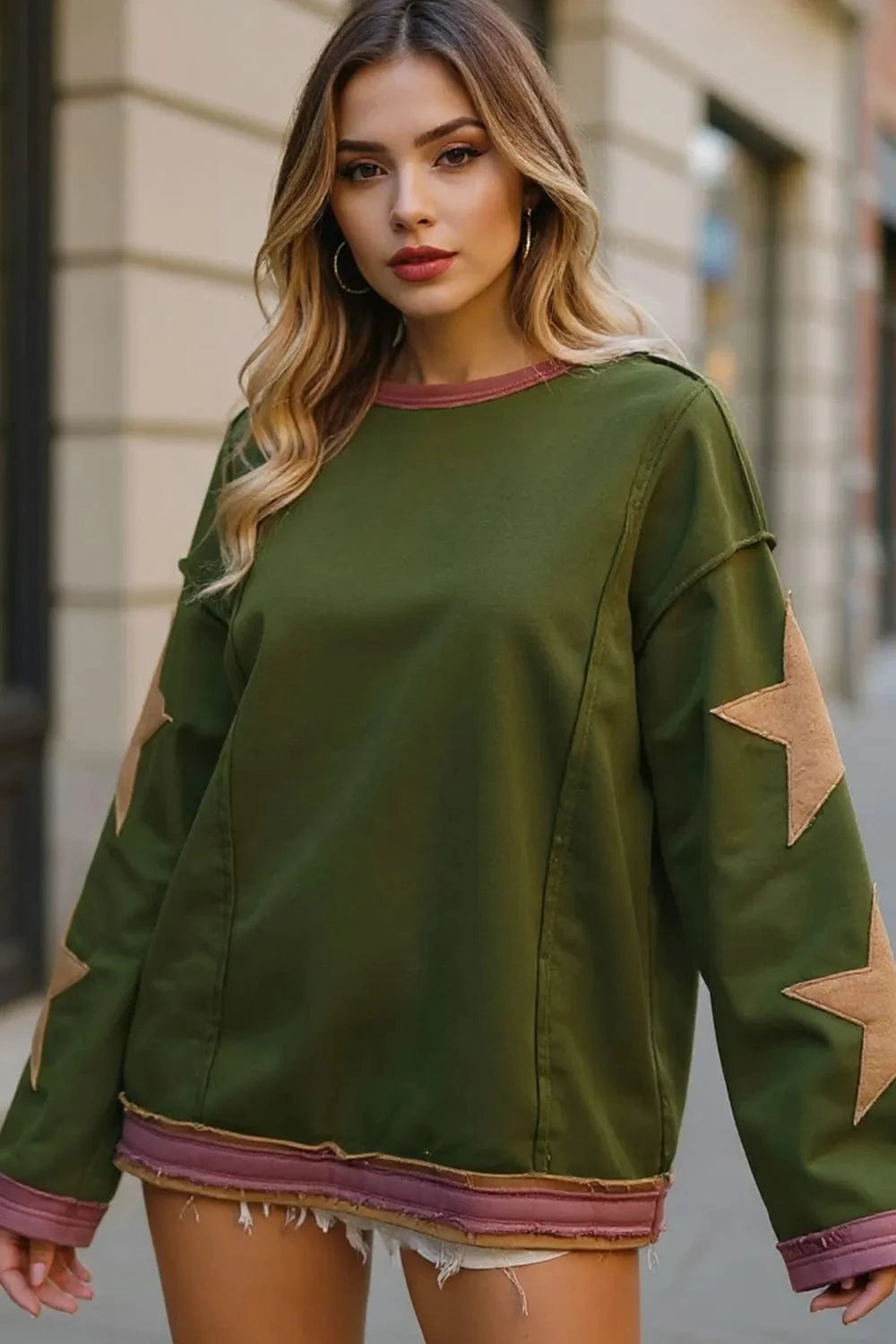 Double Take Star Patched Long Sleeve Sweatshirt - ShalayeFashion