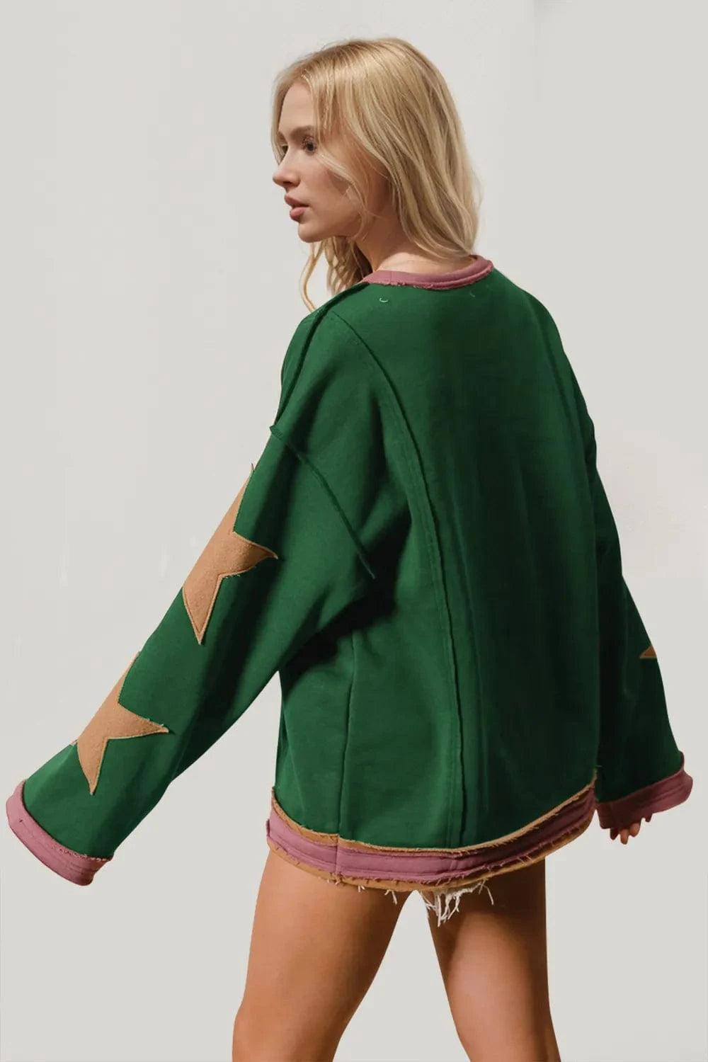 Double Take Star Patched Long Sleeve Sweatshirt - ShalayeFashion