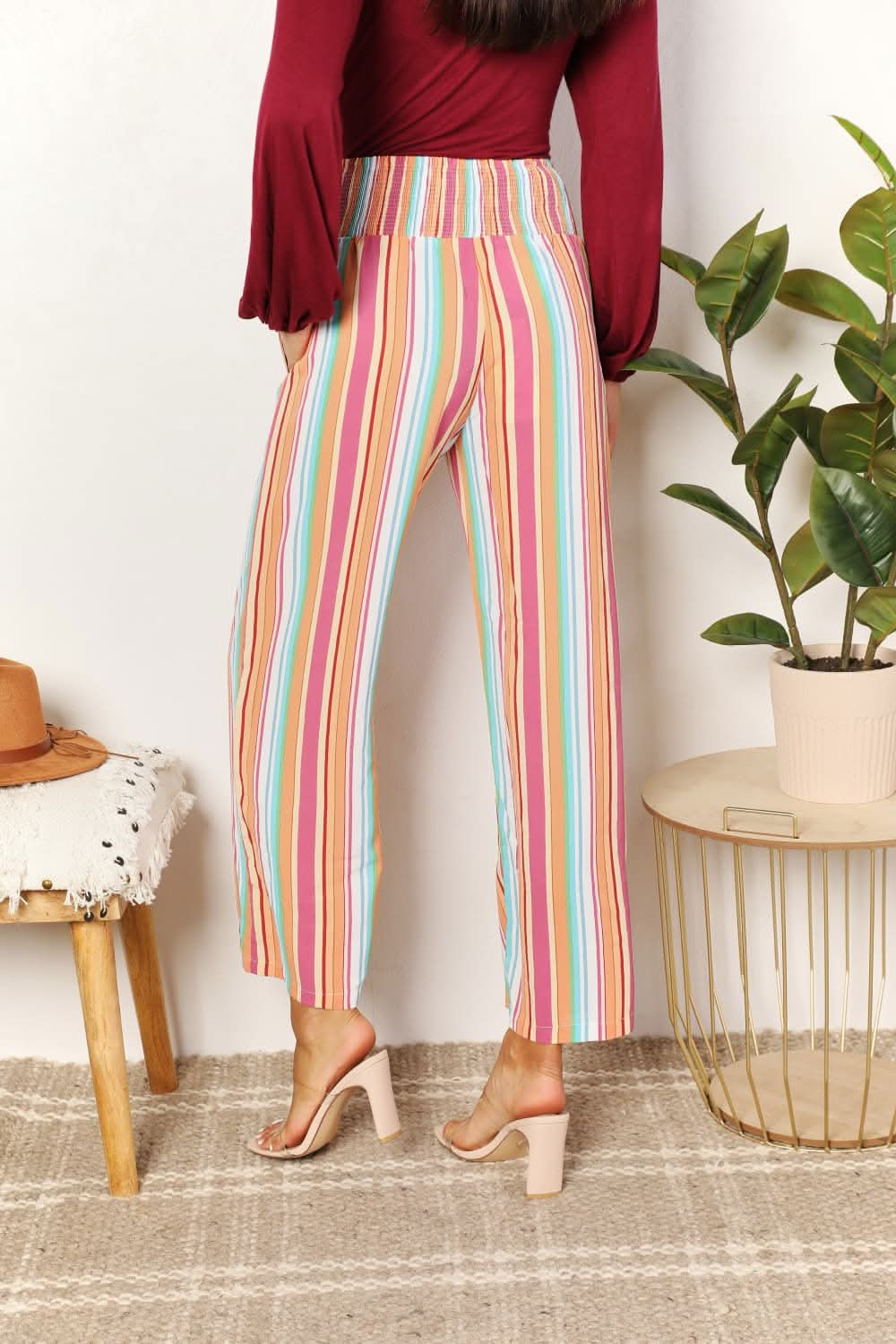 Double Take Striped Smocked Waist Pants with Pockets - ShalayeFashion