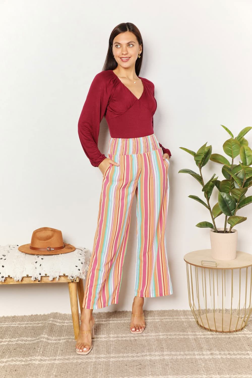 Double Take Striped Smocked Waist Pants with Pockets - ShalayeFashion