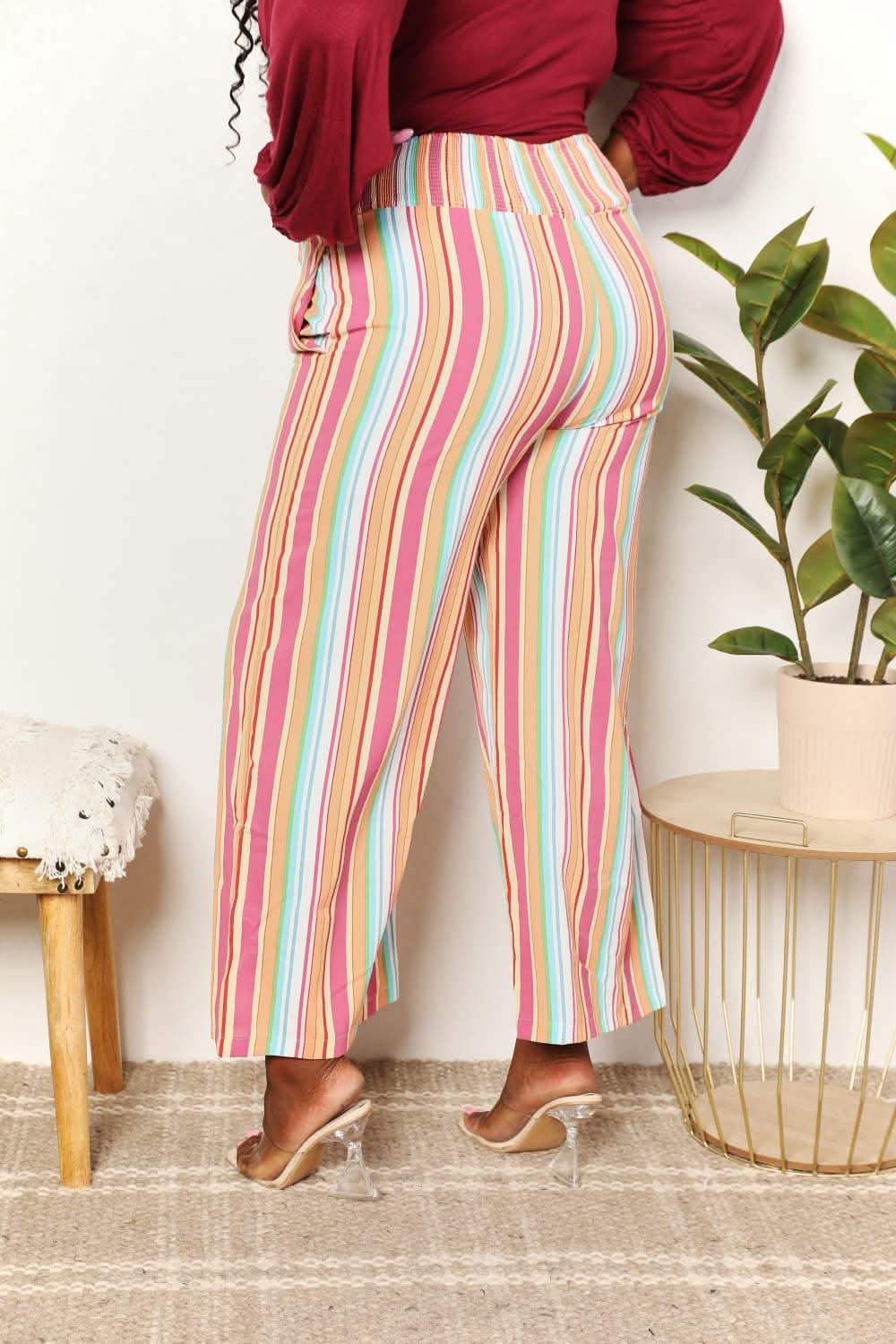 Double Take Striped Smocked Waist Pants with Pockets - ShalayeFashion