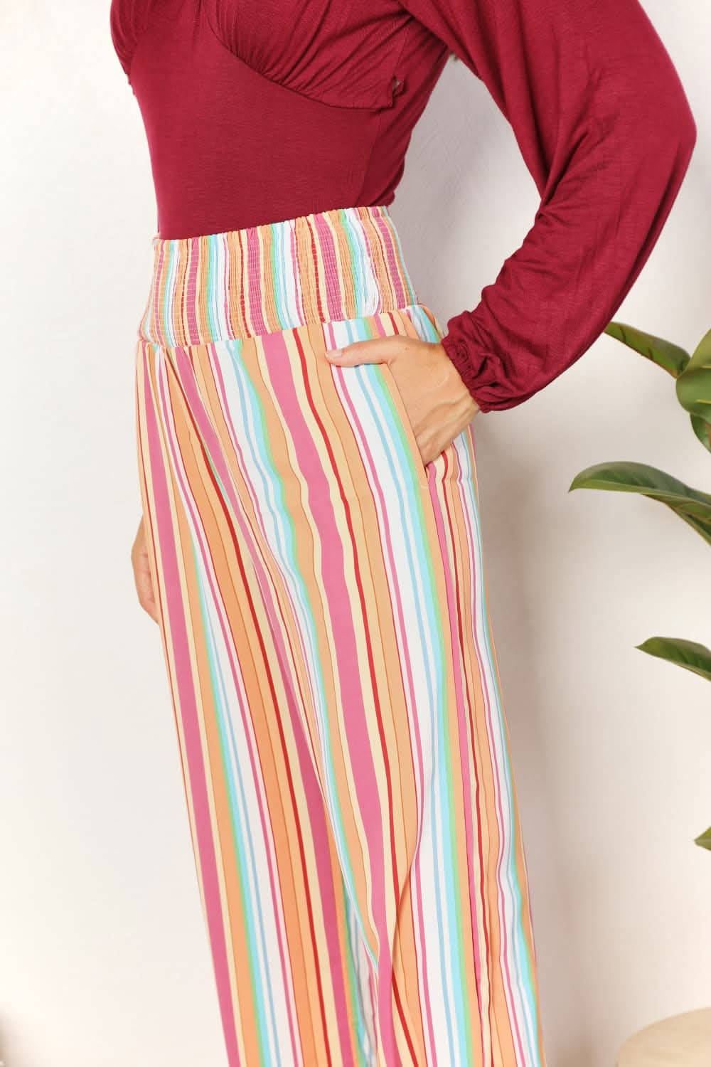 Double Take Striped Smocked Waist Pants with Pockets - ShalayeFashion