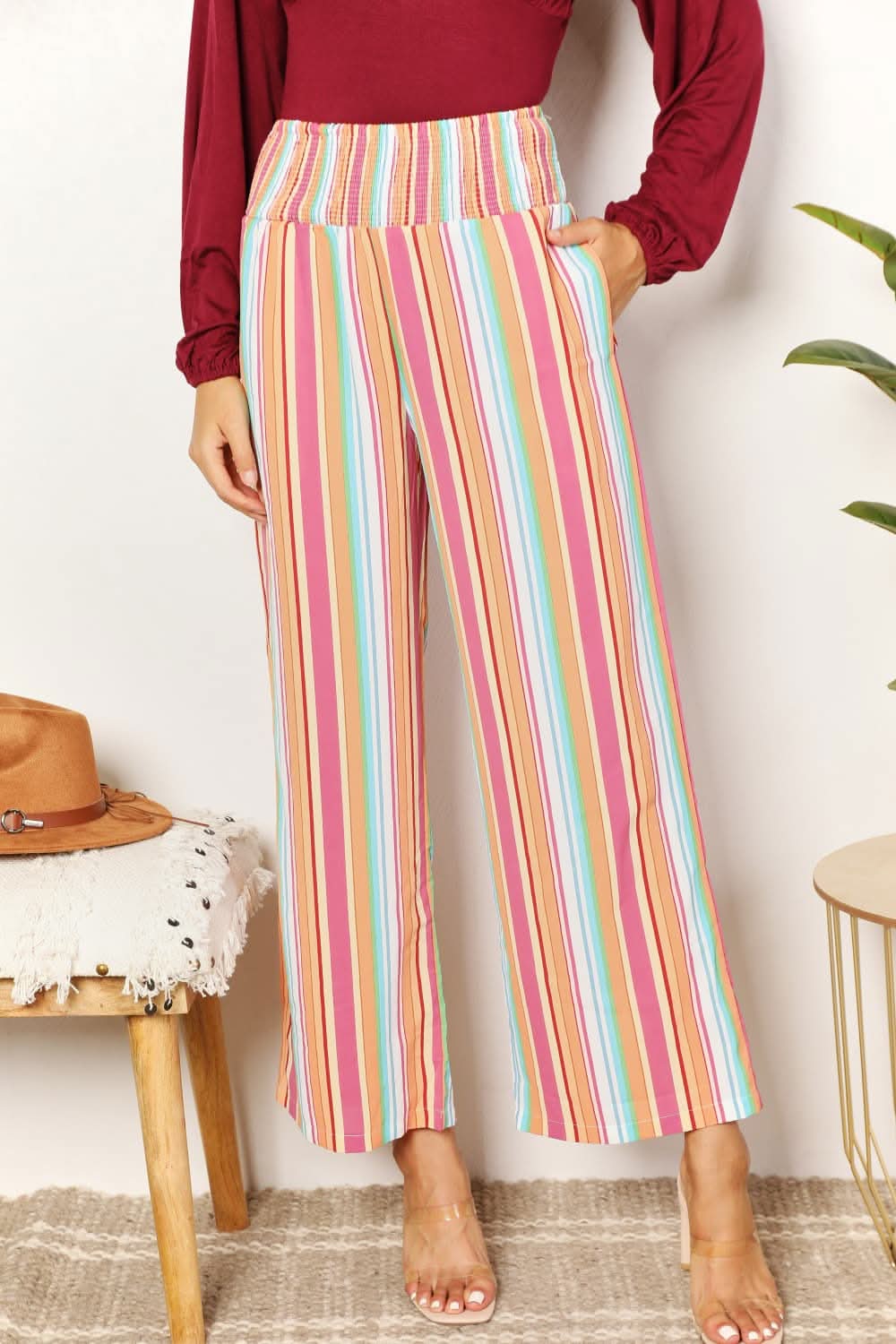 Double Take Striped Smocked Waist Pants with Pockets - ShalayeFashion