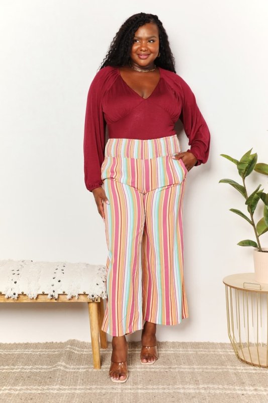 Double Take Striped Smocked Waist Pants with Pockets - ShalayeFashion