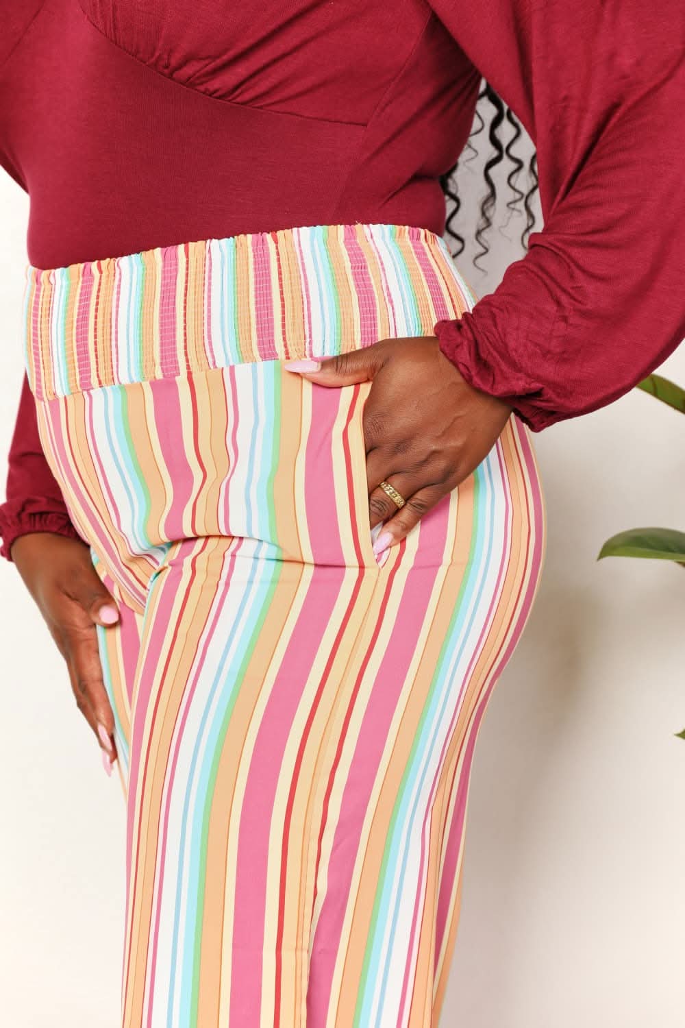 Double Take Striped Smocked Waist Pants with Pockets - ShalayeFashion