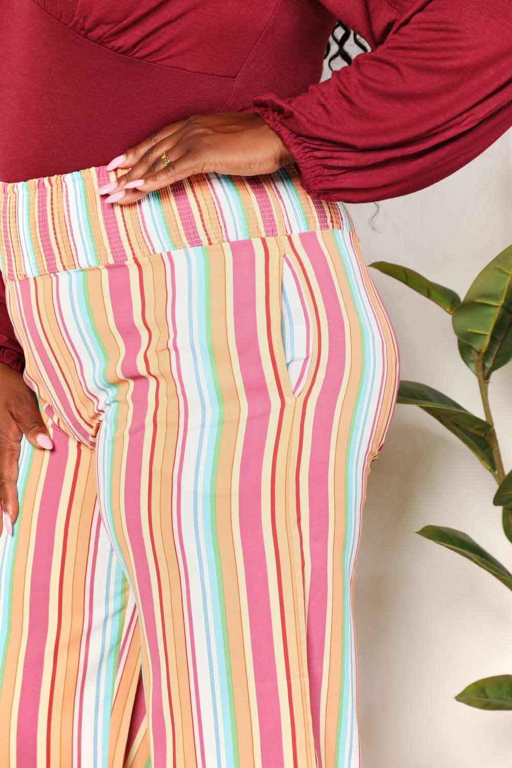 Double Take Striped Smocked Waist Pants with Pockets - ShalayeFashion