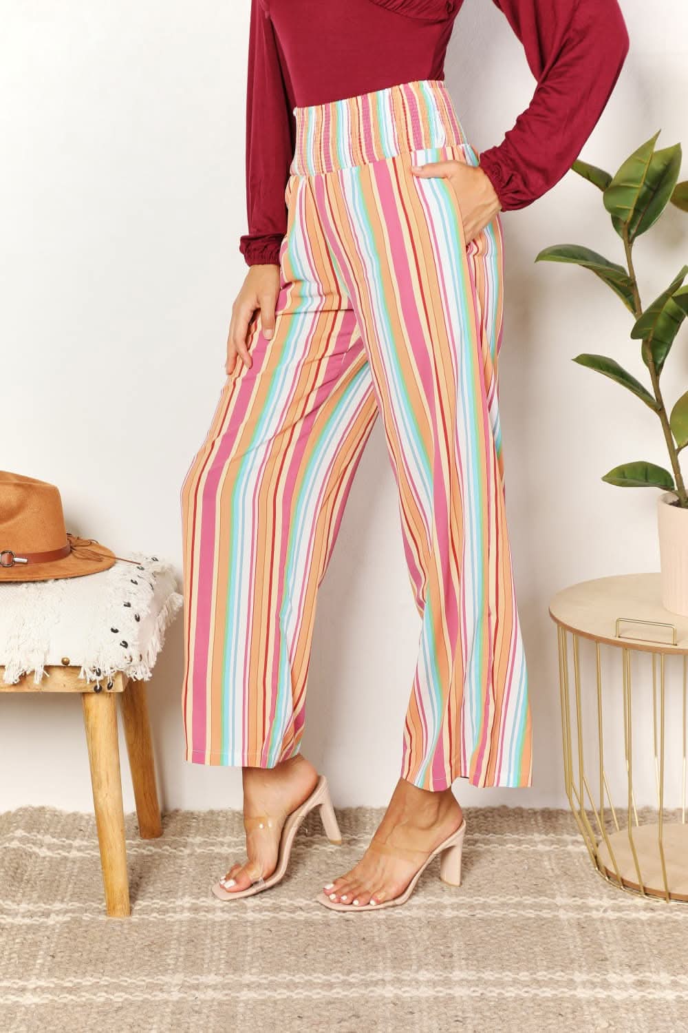 Double Take Striped Smocked Waist Pants with Pockets - ShalayeFashion