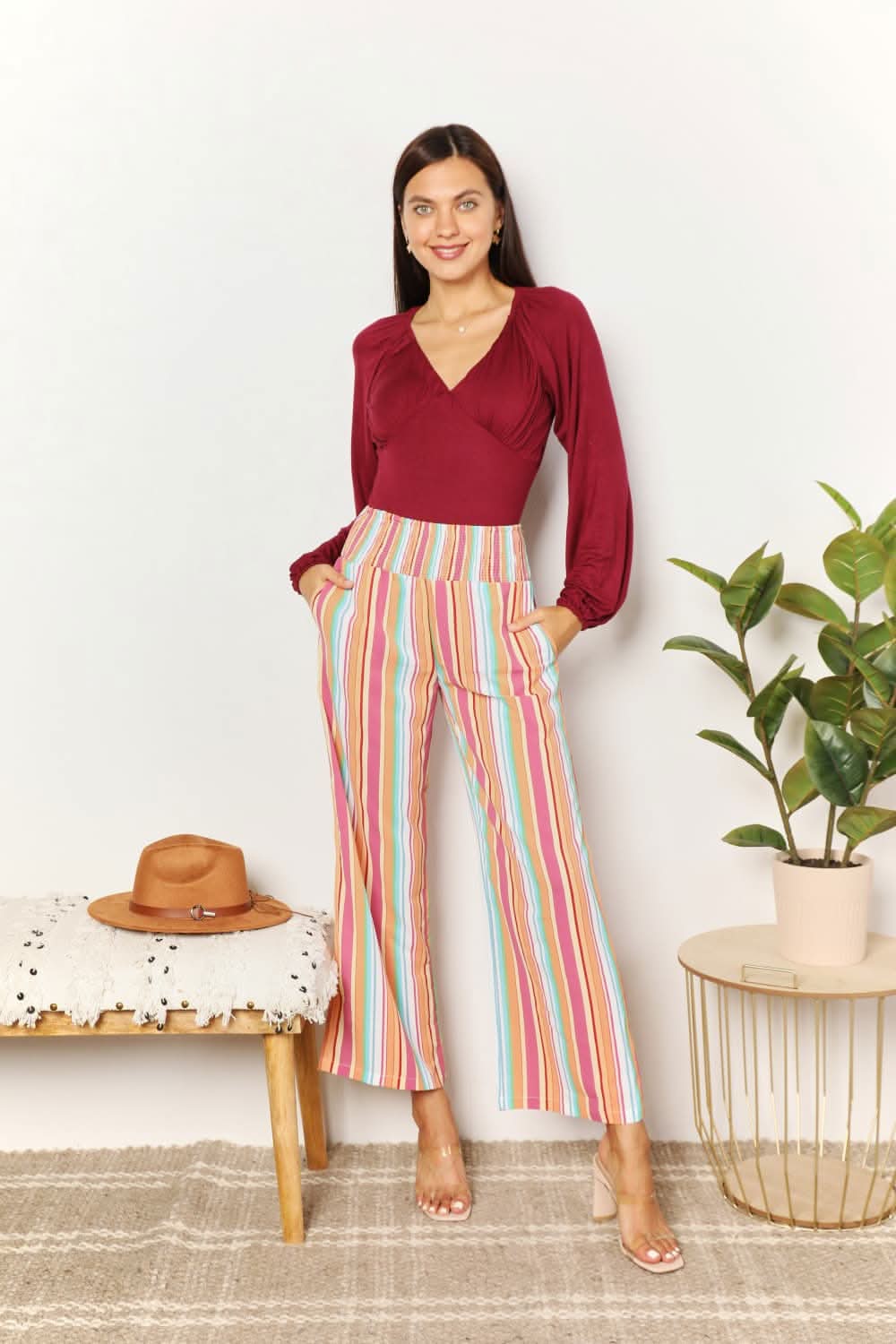 Double Take Striped Smocked Waist Pants with Pockets - ShalayeFashion