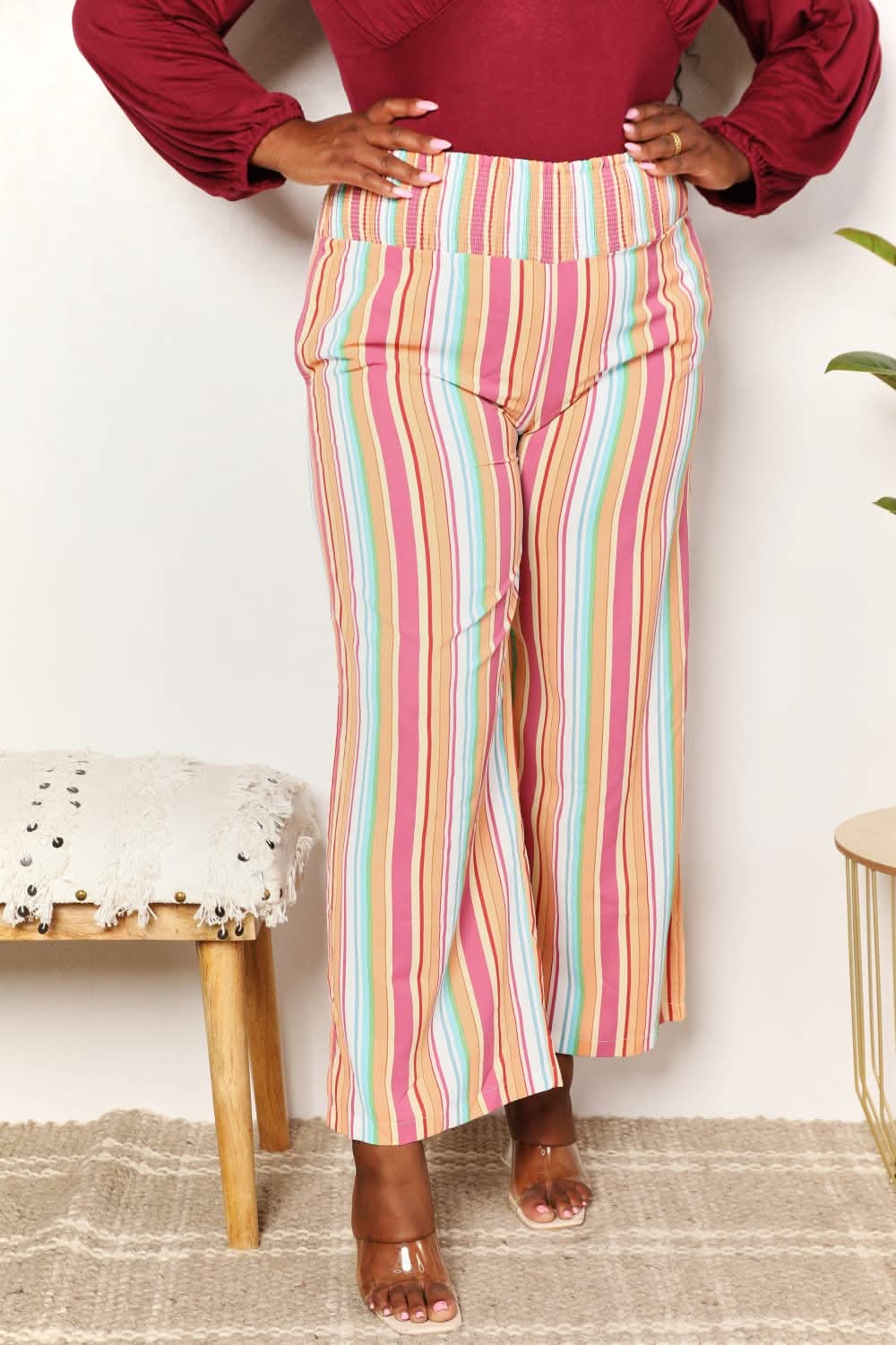 Double Take Striped Smocked Waist Pants with Pockets - ShalayeFashion