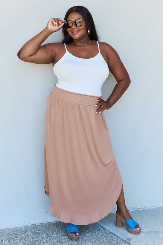 Doublju Comfort Princess Full Size High Waist Scoop Hem Maxi Skirt in Tan - ShalayeFashion
