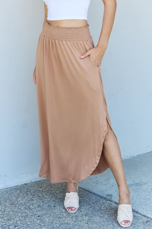 Doublju Comfort Princess Full Size High Waist Scoop Hem Maxi Skirt in Tan - ShalayeFashion