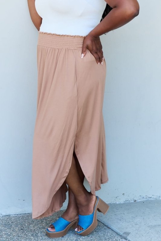 Doublju Comfort Princess Full Size High Waist Scoop Hem Maxi Skirt in Tan - ShalayeFashion