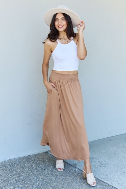 Doublju Comfort Princess Full Size High Waist Scoop Hem Maxi Skirt in Tan - ShalayeFashion