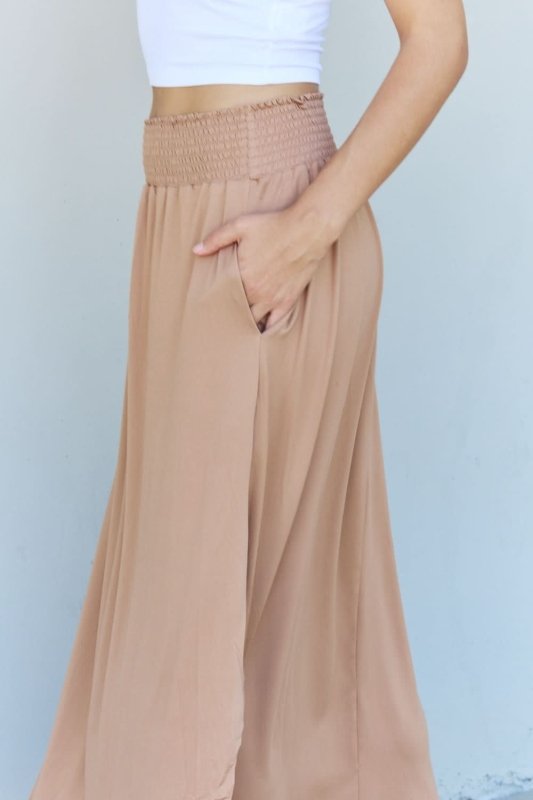 Doublju Comfort Princess Full Size High Waist Scoop Hem Maxi Skirt in Tan - ShalayeFashion