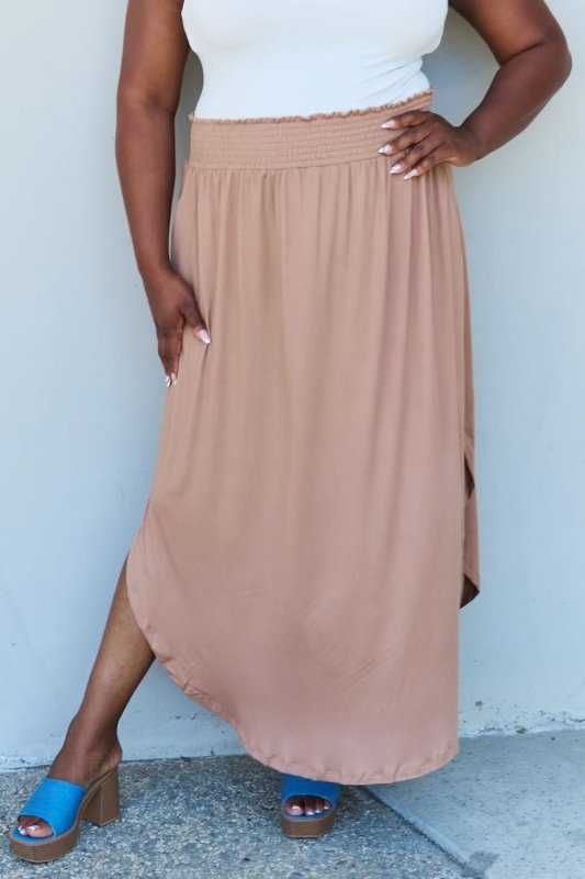 Doublju Comfort Princess Full Size High Waist Scoop Hem Maxi Skirt in Tan - ShalayeFashion