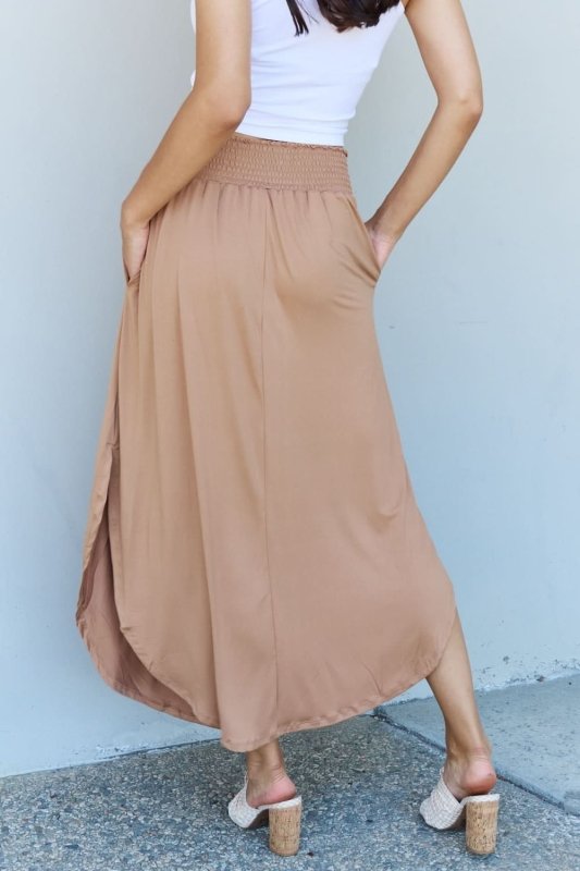 Doublju Comfort Princess Full Size High Waist Scoop Hem Maxi Skirt in Tan - ShalayeFashion