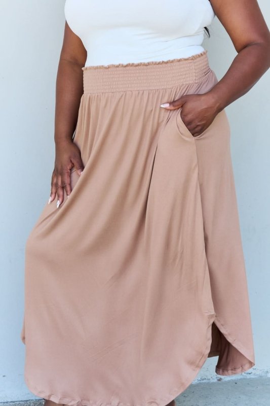 Doublju Comfort Princess Full Size High Waist Scoop Hem Maxi Skirt in Tan - ShalayeFashion
