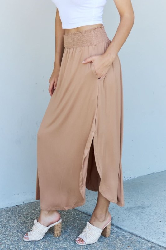 Doublju Comfort Princess Full Size High Waist Scoop Hem Maxi Skirt in Tan - ShalayeFashion