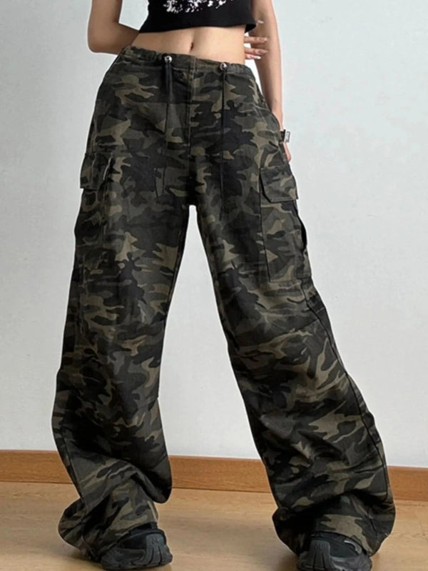 Drawstring Camouflage Cargo Wide Leg Jeans - ShalayeFashion