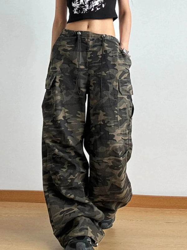 Drawstring Camouflage Cargo Wide Leg Jeans - ShalayeFashion