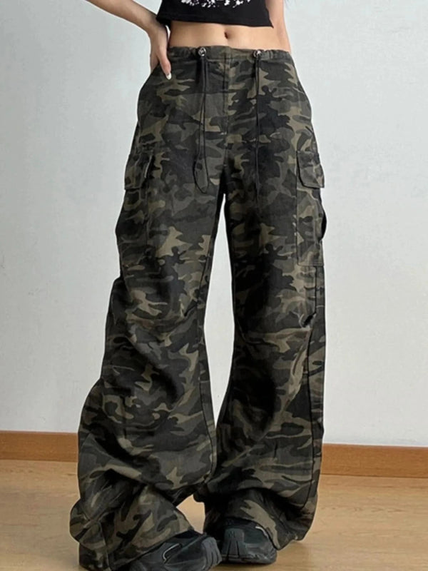 Drawstring Camouflage Cargo Wide Leg Jeans - ShalayeFashion